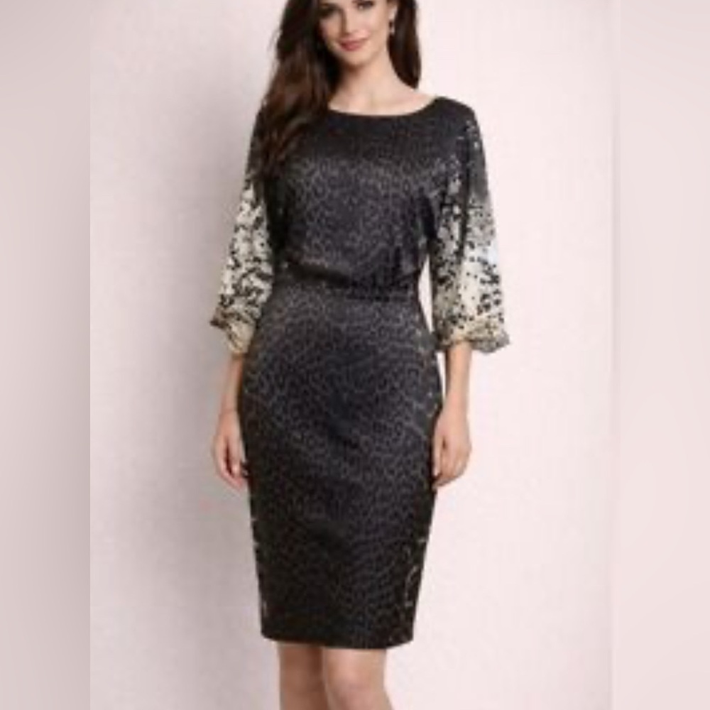 T Tahari Black and Gray‎ Animal Print Long Sleeve Dress